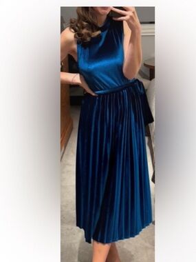 ASOS DESIGN Sleeveless High Neck Pleated Open Back Velvet Midi Dress